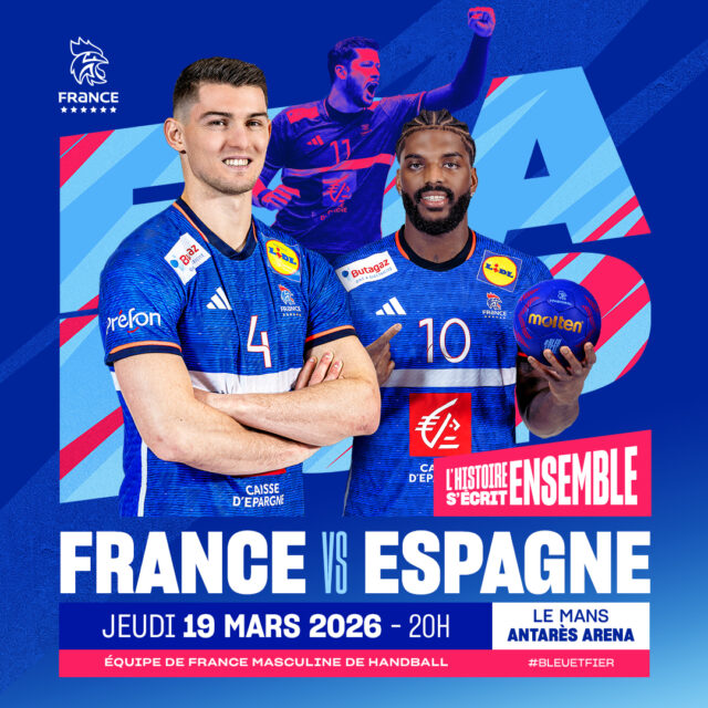 🔥 [𝙀𝑸𝙐𝑰𝙋𝑬 𝑫𝙀 𝙁𝑹𝘼𝑵𝘾𝑬]

🥳 Le territoire des Pays de la Loire a le plaisir d’accueillir l’Équipe de France masculine !

📅 Jeudi 19 mars 2026 à 20h, direction l’Antarès Arena du Mans pour vibrer aux couleurs des Bleus.

🙌 Il reste encore des places !
🎟️ Billetterie ➡️ https://billetterie.ffhandball.fr/fr/meeting/159/france_espagne_edf_m

💙 Nous comptons sur vous pour remplir les tribunes !

#PDLL #PaysDeLaLoire #Billetterie #EquipeDeFrance #LeMans