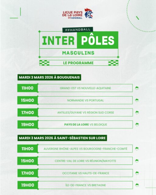 🔥 [𝑰𝙉𝑻𝙀𝑹𝙋𝑶𝙇𝑬𝙎 𝙈𝑨𝙎𝑪𝙐𝑳𝙄𝑵𝙎]

📅 C’est officiel : voici le planning complet de nos 5 jours de compétition !

🏟️ 2 salles mobilisées en semaine et le samedi.
📍 Et pour un dimanche XXL : 4 salles pour vivre une matinée pleine d'émotions !

👉 Mardi/mercredi/jeudi : Bouguenais & Saint-Sébastien-sur-Loire
👉 Samedi : H Arena & la 500 places
👉 Dimanche : H Arena, 500 places, Mangin Beaulieu & Pré-Gauchet

🎉 Une belle compétition en perspective… ne manquez rien !

@grandesthandball @ligue_nouvelleaquitaine_hand @ligue_de_normandie_de_handball @andebolportugal @lghb971 @lrhb_off @ligueguyanehandball @aurahandball @liguebfchandball @liguecentre_vdl_handball @ligue_de_mayotte_de_handball  @ligue_occitanie_de_handball @liguehandballhdf @ligueidfhandball @handballbretagne @liguehandballregionsud 

#InterpôlesMasculins2026 #Handball #pôles