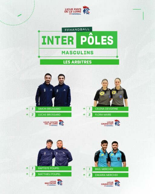 🔥 [𝑰𝙉𝑻𝙀𝑹𝙋𝑶𝙇𝑬𝙎 𝙈𝑨𝙎𝑪𝙐𝑳𝙄𝑵𝙎]

📅 La compétition approche… et il est temps de mettre en lumière celles et ceux qui feront vivre le jeu !

💼 Voici les 8 binômes d’arbitres retenus pour assurer l’arbitrage des 40 rencontres de la semaine.

🙌 Bravo à eux pour leur sélection et leur investissement sur cet événement national !

@liguecentre_vdl_handball @grandesthandball @handballbretagne @ligueidfhandball @ligue_occitanie_de_handball @equipes_tunisie_handball 

#InterpôlesMasculins2026 #Handball #pôles