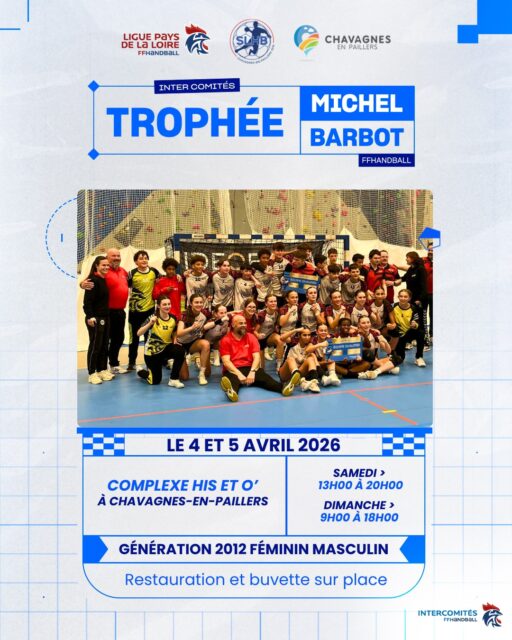 🏆 [𝙏𝑹𝙊𝑷𝙃𝑬𝙀𝑺 𝑴𝙄𝑪𝙃𝑬𝙇 𝘽𝑨𝙍𝑩𝙊𝑻]

📅 Samedi 4 et dimanche 5 avril, rendez-vous au complexe His’ et O’ de Chavagnes-en-Paillers !

🔥 Les générations 2012 féminines et masculines seront à l’honneur pour un week-end 100% hand.

⏰ Samedi : 13h00–20h00 • Dimanche : 9h00–18h00

🥤 Une buvette et de la restauration seront disponibles sur place.

💥 Nous vous attendons nombreux pour encourager les jeunes talents ! 

@comite17handball @comite44handball @vendeehb @cdhandball95  @comitedegironde_handball @comitemanchehandball @comite_37_handball  @comite_indre_handball @cdhandball91 @saintlouishandball 

#PDLL #PaysDeLaLoire #TrophéesMichelBarbot #Génération2012 #ChavagnesEnPaillers