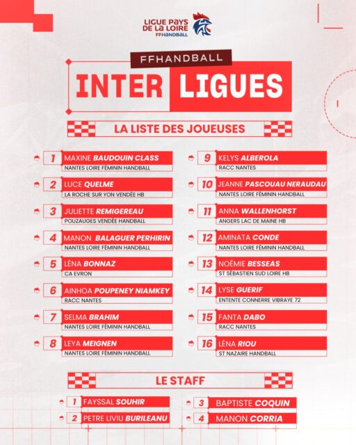🏆 [𝙄𝙉𝙏𝙀𝙍𝙇𝙄𝙂𝙐𝙀𝙎 𝙁𝙀́𝙈𝙄𝙉𝙄𝙉𝙎]
 
Les Interligues Féminins démarrent bientôt 💪
 
👉 La sélection ligérienne se déplace à Tournefeuille du 13 au 15 mars pour représenter fièrement les couleurs des Pays de la Loire !

🙏 Félicitations également au binôme Isalis – Zoé, issu du club @aaeec.hand, qui sera présent sur la compétition pour assurer l’arbitrage.
 
Bonne compétition à toutes nos joueuses, staff et nos arbitres🔥 

✨ Restez connectés pour les encourager !
 
#PDLL #PaysDeLaLoire #Interligues2026 #HandballFéminin