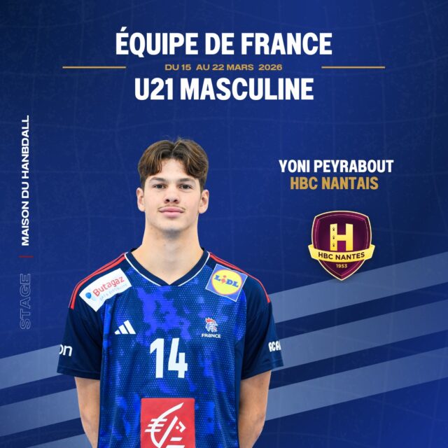 🤾 [𝙀𝑸𝙐𝑰𝙋𝑬 𝑫𝙀 𝙁𝑹𝘼𝑵𝘾𝑬 𝑼21 𝑴𝘼𝑺𝑪𝑼𝑳𝑰𝑵𝑬]

Nous avons le plaisir d’annoncer la convocation de Yoni PEYRABOUT, licencié au @hbc_nantes_asso , pour participer au stage de l’Équipe de France U21 masculine qui se déroulera :

📅 Du dimanche 15 mars au dimanche 22 mars 2026
 📍 À la Maison du Handball (Créteil) puis au Tournoi TIBY à Serris

🔥 Il sera accompagné par Alexis HUAULMÉ, Chef de délégation, pour cette belle semaine au sein du collectif France !

👏 Bravo à eux !

@comite44handball  @ffhandball 

#PaysDeLaLoire #PDLL #ÉquipeDeFrance #TIBY