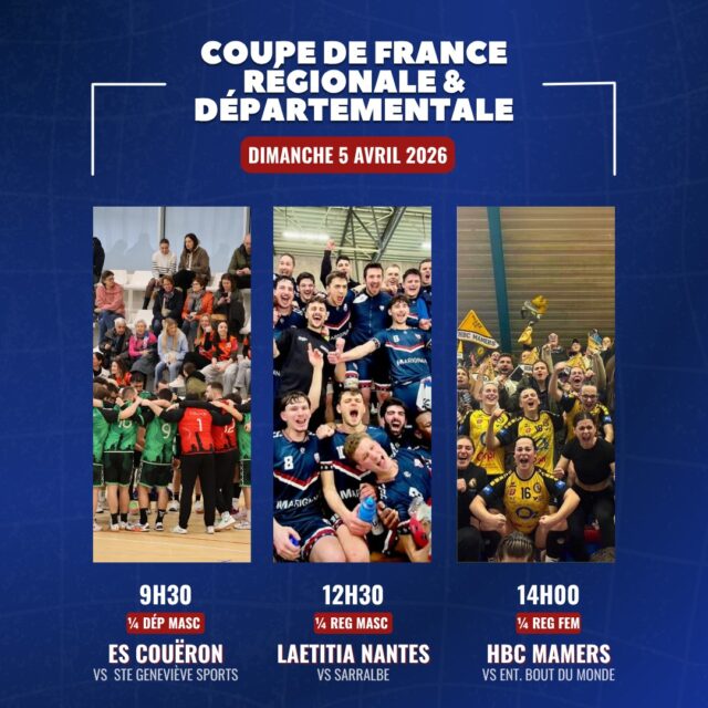🏆 [𝑭𝙄𝑵𝘼𝑳𝙀𝑺 𝘿𝑬 𝒁𝙊𝑵𝙀𝑺] 

Les Pays de la Loire seront fièrement représentés par @escoueron_hb, @laetitiananteshandball et @hbc_mamers lors des Finales de Zones de la Coupe de France ! 🔥

Nous sommes très fiers de nos trois clubs ligériens qui porteront haut les couleurs de la région lors de cette étape nationale ! 👏

📅 Rendez-vous le dimanche 5 avril :
📍 À Crépy-en-Valois pour nos deux collectifs masculins
📍 À Saint-Grégoire pour notre collectif féminin

⚡ Le défi : en cas de victoire lors du quart de finale le matin, nos équipes rejoueront la demi-finale l'après-midi même à 17h00 !

@handcomitesarthe @comite44handball 

#PDLL #PaysDeLaLoire #FinalesDeZones #FiertéRégionale