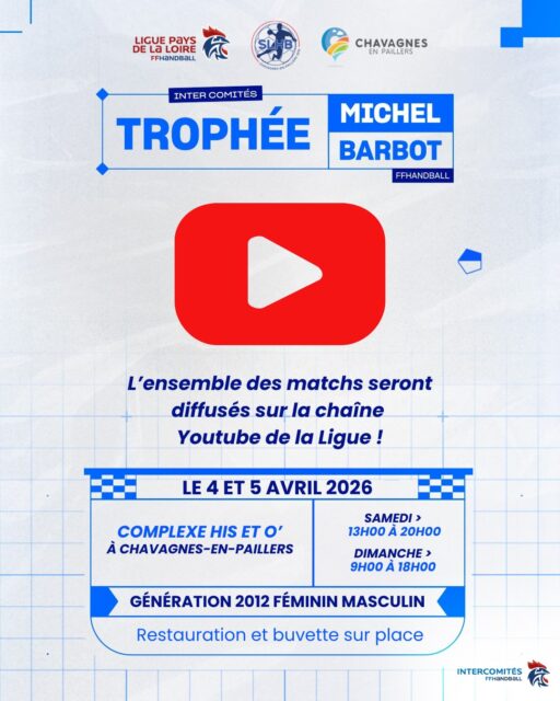 🏆 [𝑻𝑹𝑶𝑷𝑯𝑬́𝑬 𝑴𝑰𝑪𝑯𝑬𝑳 𝑩𝑨𝑹𝑩𝑶𝑻]

📅 Les 4 et 5 avril 2026, venez vivre deux jours intenses de handball !

🎥 Tous les matchs seront diffusés en direct sur YouTube.

📸 Toutes les photos seront disponibles via le lien dédié : https://urls.fr/-R9_7n

🤾‍Nous vous attendons sur place ou derrière les écrans pour soutenir les équipes !

@comite17handball @comite44handball @vendeehb @cdhandball95 @comitedegironde_handball @comitemanchehandball @comite_37_handball @comite_indre_handball @cdhandball91 @saintlouishandball 

#PDLL #PaysDeLaLoire #TropheeMichelBarbot #Generation2012