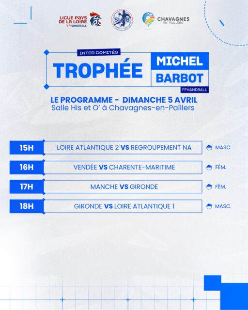 🏆 [𝙏𝙍𝙊𝙋𝙃𝙀́𝙀 𝙉𝘼𝙏𝙄𝙊𝙉𝘼𝙇 𝙈𝙄𝘾𝙃𝙀𝙇 𝘽𝘼𝙍𝘽𝙊𝙏]

Fin des matchs de poule ! Place aux matchs de classement ! 🔥

Après des rencontres intenses et des équipes ont tout donné sur le terrain, il est maintenant temps de passer aux matchs de classement !

Chaque équipe va continuer à se battre pour décrocher la meilleure place possible dans cette compétition 🏆

👏 Félicitations à toutes les équipes pour leur engagement et leur esprit sportif jusqu’ici et bon courage pour les derniers matchs !

#PaysDeLaLoire #PDLL #TrophéeMichelBarbot