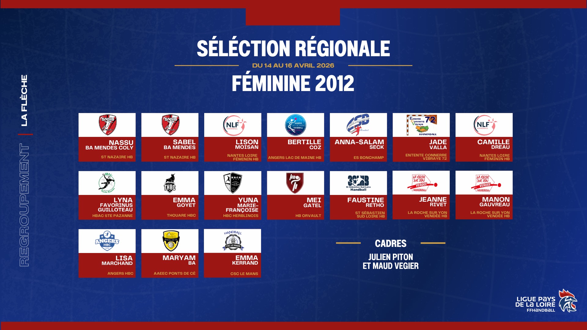 🤾‍♂️[𝙎𝙏𝘼𝙂𝙀 𝙎𝙀́𝙇𝙀𝘾𝙏𝙄𝙊𝙉 𝙍𝙀́𝙂𝙄𝙊𝙉𝘼𝙇𝙀]

Nous avons le plaisir de vous présenter la liste des joueuses convoquées pour le stage de la sélection régionale Pays de la Loire ! ✨

📅 Du mardi 14 au jeudi 16 avril 2026
📍 LA FLECHE – Au Centre d’hébergement de la Monnerie

Félicitations aux joueuses retenus ! 👏

#PaysDeLaLoire #PDLL #Handball #SélectionRégionale #Interligues #Génération2011