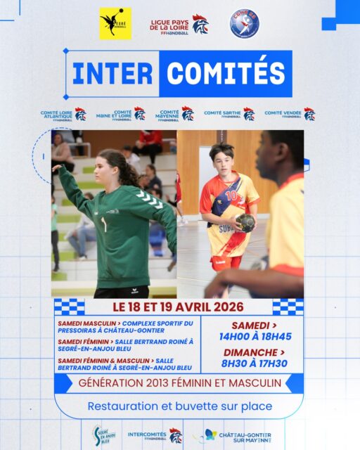 🏆 [𝙄𝙉𝙏𝙀𝙍𝘾𝙊𝙈𝙄𝙏𝙀𝙎 𝙉-1] 

📅 Les 18 et 19 avril 2026, rendez-vous à Château-Gontier et Segré-en-Anjou Bleu pour un week-end 100% handball !

Les générations 2013 féminines et masculines seront à l’honneur pour ce week-end de compétition intercomités 🔥

📍 Samedi : 
⏰14h00 – 18h45 
Masculin : Complexe sportif du Pressoir à Château-Gontier 
Féminin : Salle Bertrand Roiné à Segré-en-Anjou Bleu 

📍 Dimanche : 
⏰ 8h30 – 17h30 
Féminin & Masculin à la Salle Bertrand Roiné à Segré-en-Anjou Bleu 

Restauration et buvette sur place 🥤 

Venez nombreux encourager les talents de demain !

@comite44handball @comite49handball @comite_53_handball  @handcomitesarthe @vendeehb 

#PDLL #PaysDeLaLoire #InterComités #Formation