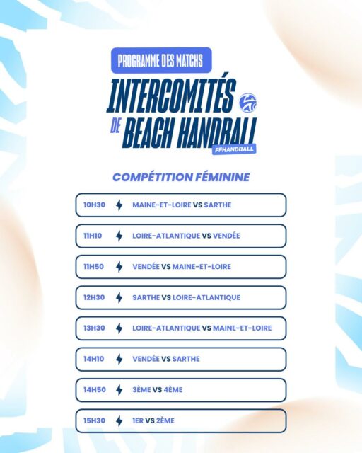 🏖️ [𝑰𝙉𝑻𝙀𝑹𝘾𝑶𝙈𝑰𝙏𝑬𝙎 𝘽𝑬𝘼𝑪𝙃 𝙃𝑨𝙉𝑫𝘽𝑨𝙇𝑳]

📋 Découvrez le programme officiel de la compétition !

📆 Rendez-vous le samedi 25 avril pour une journée 100% Beach aux lacs de la Monnerie à La Flèche.

📺 Les rencontres de l’après-midi seront à suivre en direct sur YouTube :
👉 https://youtube.com/@liguedehandballpaysdelaloi1186?si=U3DA40Vpmn7zge1o

@comite44handball @comite49handball @handcomitesarthe @vendeehb @lafleche_handball_ 

#PaysDeLaLoire #PDLL #BeachHandball #Intercomités