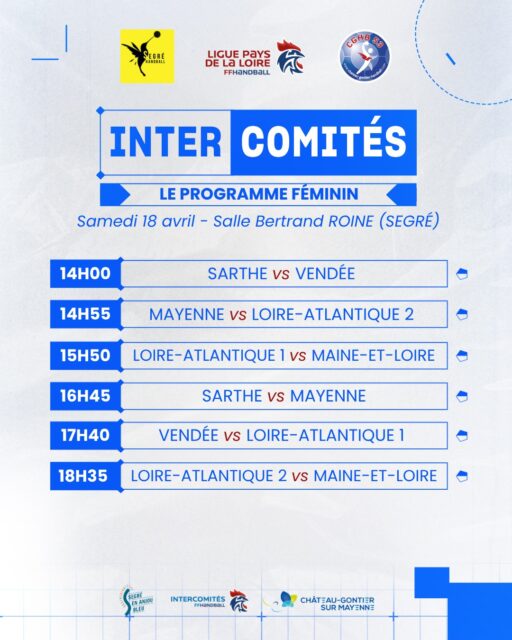 🏆 [𝙄𝙉𝙏𝙀𝙍𝘾𝙊𝙈𝙄𝙏𝙀𝙎 𝙉-1]

🤾‍♀️ Le planning des rencontres des 18 et 19 avril 2026 est désormais disponible

📍 Samedi : Château-Gontier (masculins) et Segré-en-Anjou Bleu (féminines)
📍 Dimanche : toutes les équipes à la Salle Bertrand Roiné (Segré)
⏰ Samedi 14h00–18h45 | Dimanche 8h30–17h30

🔥 Nous vous attendons nombreux autour des terrains !

@comite44handball @comite49handball @comite_53_handball @handcomitesarthe @vendeehb @segrehandball 

#PDLL #PaysDeLaLoire #InterComités #Formation