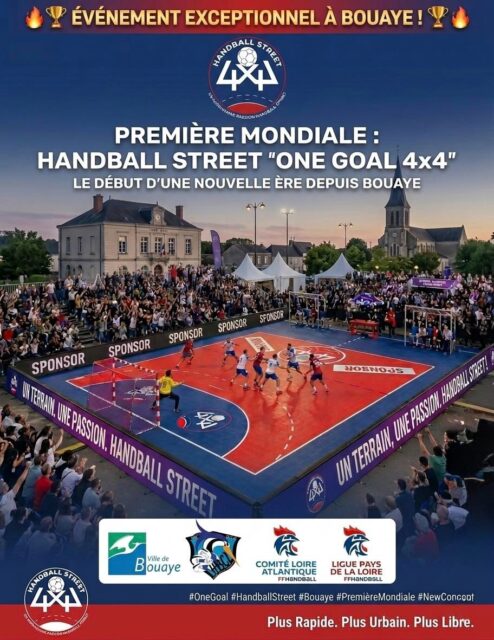 🏆 [𝙏𝑶𝙐𝑹𝙉𝑶𝙄 𝙃𝑨𝙉𝑫𝘽𝑨𝙇𝑳 𝑺𝙏𝑹𝙀𝑬𝙏 4𝑿4]

🔥 UNE PREMIÈRE MONDIALE À BOUAYE ! 

La Ligue de Handball des Pays de La Loire est ravie de s'associer à @hammadihicham_  pour le lancement du premier tournoi Handball Street “One Goal 4x4” qui se tiendra :

📍 Bouaye (44) 
📅 04/07/2026 

🎯 Comment se déroule l’événement ? 
16 équipes prêtes à s’affronter : 
• ⁠8 équipes féminines 🤾‍♀️ 
• 8 équipes masculines 🤾🏻‍♂️ 

Cet événement est ouvert à tous, passionnés comme amateurs. 

🗳️ Les inscriptions sont ouvertes très bientôt, alors restez connectés !

🤝 L’événement est soutenu par la Ville de Bouaye, @hbc.du.lac, @comite44handball et la Ligue de Handball des Pays de La Loire. 

📣 Nous vous attendons nombreux pour la première session d’un événement innovant, inédit, avec une ambiance assurée ! 

#PDLL #PaysDeLaLoire #Bouaye #HandballStreet #newconcept
