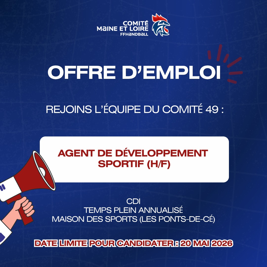 🔔 [𝑶𝙁𝑭𝙍𝑬 𝑫'𝑬𝙈𝑷𝙇𝑶𝙄]

📣 Le @comite49handball  recrute un(e) agent de développement sportif (H/F) à la rentrée, à partir du 1er septembre 2026.

📍 Pont-de-Cé (Maine-et-Loire)
📄 CDI - Temps plein

🔥 Deviens acteur du développement du handball sur ton territoire : accompagne les clubs, anime des actions sportives et participe au développement de nouvelles pratiques

🗳️ Dépôt des candidatures avant le 20 mai 2026

Si tu penses que ton profil correspond aux attentes, envoie ton CV et ta  lettre de motivation : 
➡️ 6249000.president@ffhandball.net

Pour plus d’informations : https://handballpaysdelaloire.sharepoint.com/:b:/s/SITEWEB/IQD6mVb_S43FS5yGRtBJ-l_yAXwqSkYUNSTExshMc-38Z_E?e=Bf26SH

 #PDLL #PaysDeLaLoire #recrutement #handball