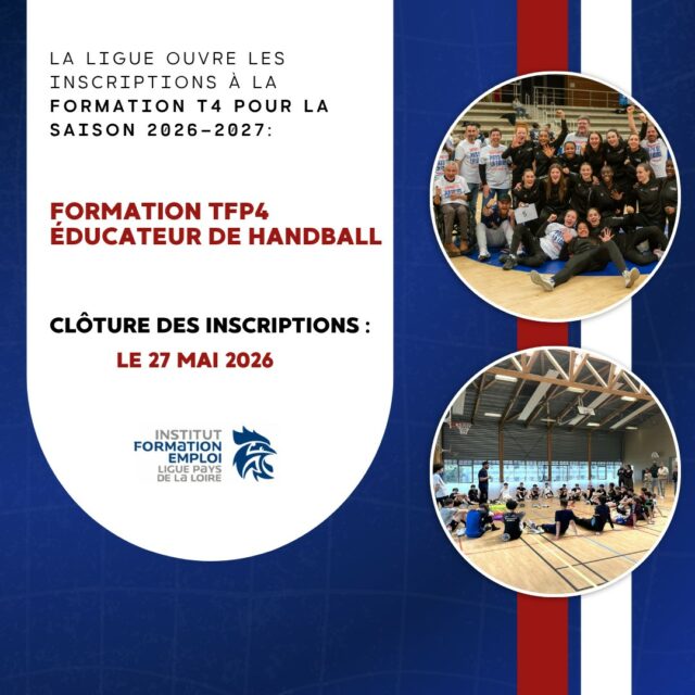 ℹ️ [𝑭𝙊𝑹𝙈𝑨𝙏𝑰𝙊𝑵]

📣 La Ligue de Handball ouvre les inscriptions à la formation T4 pour la saison 2026-2027 !

📄 Le diplôme Éducateur de Handball (TFPE niveau 4) vous forme pour encadrer, animer et développer le handball. 

C’est l’accès d’un métier polyvalent et porteur, au cœur du développement du handball

ℹ️ Pour plus d’informations : https://paysdelaloire-ffhandball.sporteef.com/Catalog/TrainingShops/TrainingView.aspx?idTraining=16255844352

✉️ Le dossier d’inscription : https://handballpaysdelaloire.sharepoint.com/:b:/s/SITEWEB/IQCBybPBx_KMS45s9m-YL86XAaiXyjJGQoW7q_DPgC1pjRQ

⚠️ Le dossier doit être retourné complet avant le mercredi 27 mai 2026 !

@comite44handball @comite49handball @comite_53_handball @handcomitesarthe  @vendeehb 

#PDLL #PaysDeLaLoire #Handball #Formations #Éducateur