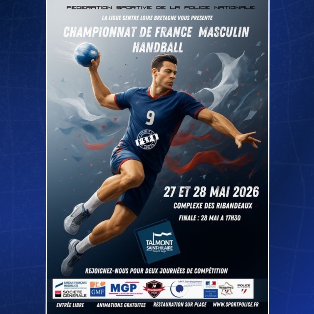 🇫🇷 [𝑪𝙃𝑨𝙈𝑷𝙄𝑶𝙉𝑵𝘼𝑻 𝑫𝙀 𝙁𝑹𝘼𝑵𝘾𝑬]

👮 La Ligue Centre Loire Bretagne vous donne rendez-vous au championnat de France de Handball, organisé par le clu@talmonthandballclub et la @fspn.federation (Fédération Sportive de la Police Nationale)

🗓️ 27 mai 2026 I 9h00 à 18h00
🗓️ 28 mai 2026 I 9h00 à 19h00 (finale à 17h30)
📍 Complexe des Ribandeaux, Talmont Saint-Hilaire

✅ Entrée libre

🔥 Venez soutenir les équipes venues de toute la France et profiter des animations proposées !

#PDLL #PaysDeLaLoire #ChampionnatDeFrance #PoliceNationale