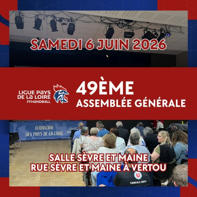 📌 [𝘼𝑺𝙎𝑬𝙈𝑩𝙇𝑬𝙀 𝙂𝑬𝙉𝑬𝙍𝑨𝙇𝑬]

📅 Le samedi 6 juin aura lieu la 49ᵉ Assemblée Générale de la Ligue !

🕘 L’Assemblée se déroulera de 9h00 à 13h00, suivie d’un pot de convivialité de 13h00 à 14h00.

📍 Rendez-vous Salle Sèvre et Maine à Vertou

🤝 Au plaisir de vous retrouver nombreux à Vertou !

@comite44handball @comite49handball @comite_53_handball @handcomitesarthe @vendeehb
 
#PDLL #PaysDeLaLoire #AssembléeGénérale #Clubs