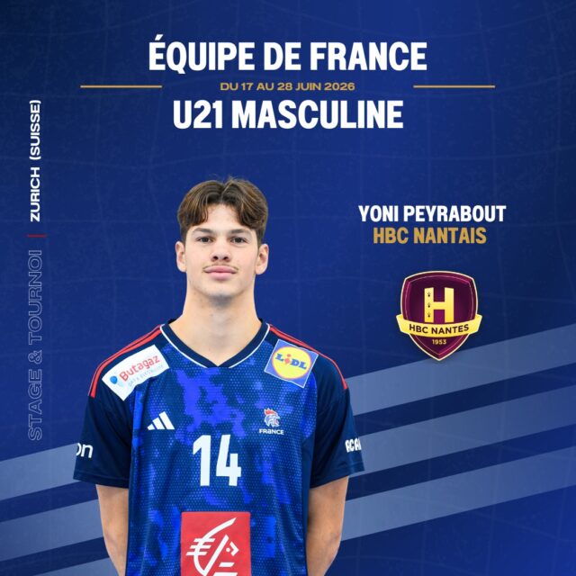🇫🇷 [𝙀́𝑸𝙐𝑰𝙋𝙀 𝑫𝙀 𝙁𝑹𝘼𝑵𝘾𝑬 𝑼21 𝑴𝘼𝑺𝑪𝑼𝑳𝑰𝑵𝑬]
 
Nous avons le plaisir d’annoncer la sélection de Yoni PEYRABOUT (HBC Nantais) avec l’Équipe de France U21 masculine pour le stage au Temple-sur-Lot et le tournoi Airport Trophy en Suisse 🔥
 
👏 Félicitations également à Alexis HUAULME qui accompagnera les Bleuets en tant que Chef de Délégation durant ce rassemblement international.
 
📅 Au programme :
📍 Stage au Temple-sur-Lot du 17 au 25 juin 2026
📍 Tournoi Airport Trophy à Zurich 🇨🇭 du 25 au 28 juin 2026
 
🤾‍♂️ Programme des rencontres :
* Vendredi 26 juin : Suisse 🇨🇭 - 🇫🇷 France
* Samedi 27 juin : 🇫🇷 France - Allemagne 🇩🇪
* Dimanche 28 juin : 🇫🇷 France - Espagne 🇪🇸
 
@ffhandball @comite44handball @hbc_nantes_asso
 
#PaysDeLaLoire #PDLL #EDF #Bleuets #Handball #AirportTrophy