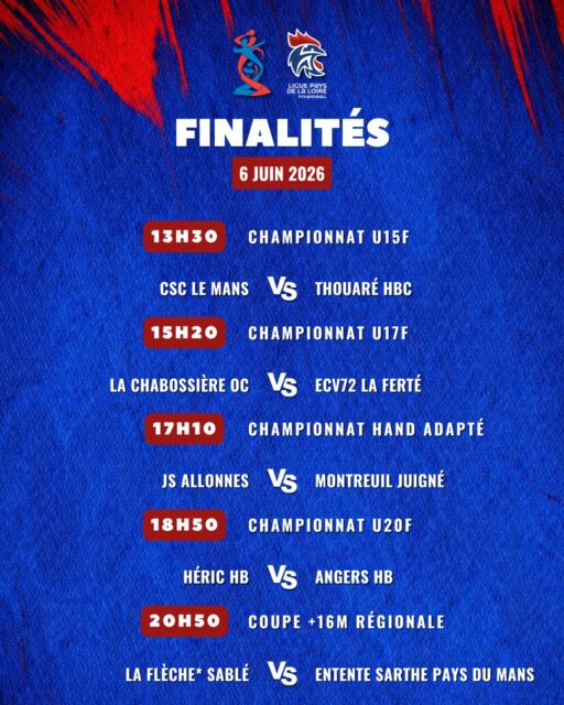 @🏆 [𝙁𝑰𝙉𝑨𝙇𝑰𝙏𝑬́𝙎]
 
🔥 Le week-end des finales approche à grands pas !

🤾‍♀️ Les équipes qualifiées se retrouvent les 6 et 7 juin au Gymnase Jean-Pierre Morel à Vertou

📅 Le samedi, les rencontres auront lieu de 13h30 à 20h50
📅 Le dimanche, place aux finales de 10h25 à 18h15
 
📣 Ambiance, émotions et spectacle garantis tout au long du week-end. Nous comptons sur vous pour encourager les finalistes et faire vibrer les tribunes !
 
🎥 Vous ne pouvez pas être présents à Vertou ? Suivez les finales en direct sur notre chaîne YouTube : https://www.youtube.com/@liguedehandballpaysdelaloi1186

@comite44handball @comite49handball @comite_53_handball @handcomitesarthe @vendeehb @vignoble_handball @cscmhandball @thouarehbc @cochandball @vsf.handball @jsallonneshandball @usmj.hand @heric.handball @angershbc @lafleche_handball_ @eshpdm @herbiershand85 @asavrillehandball @cjbhandball @aaeec.hand @aspttnanteshandball @chap_handball @larochevhb 

#PDLL #PaysDeLaLoire #Finales #Vertou #Handball