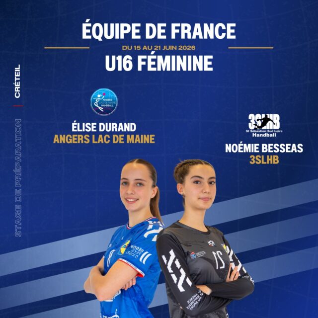 ✨ [𝙀𝑸𝙐𝑰𝙋𝑬 𝑫𝙀 𝙁𝑹𝘼𝑵𝘾𝑬 𝑼16𝙁]

🤾‍♀️ Le groupe des 22 joueuses retenues pour le premier stage estival U16 est dévoilé !

📍 Ce stage se déroulera à la Maison du Handball à Créteil du 15 au 21 juin.

🌟 Deux athlètes du Pôle Espoir des Pays de la Loire font partie de l’aventure : Élise DURAND (@alm_handball) et Noémie BESSEAS (@3slhb44230). 

👏 Leur convocation récompense leur engagement et leur travail au quotidien.

🔥 Félicitations à elles pour cette belle reconnaissance et bonne préparation ! 

@comite44handball @comite49handball @ffhandball 

#PaysDeLaLoire #PDLL #EDF #Sélection