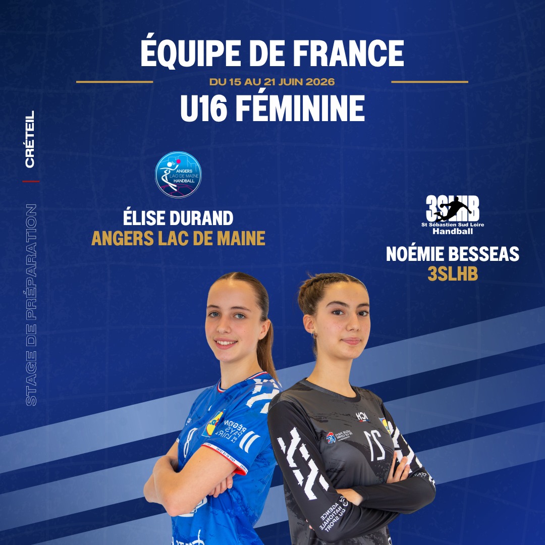 ✨ [𝙀𝑸𝙐𝑰𝙋𝑬 𝑫𝙀 𝙁𝑹𝘼𝑵𝘾𝑬 𝑼16𝙁]

🤾‍♀️ Le groupe des 22 joueuses retenues pour le premier stage estival U16 est dévoilé !

📍 Ce stage se déroulera à la Maison du Handball à Créteil du 15 au 21 juin.

🌟 Deux athlètes du Pôle Espoir des Pays de la Loire font partie de l’aventure : Élise DURAND (@alm_handball) et Noémie BESSEAS (@3slhb44230). 

👏 Leur convocation récompense leur engagement et leur travail au quotidien.

🔥 Félicitations à elles pour cette belle reconnaissance et bonne préparation ! 

@comite44handball @comite49handball @ffhandball 

#PaysDeLaLoire #PDLL #EDF #Sélection