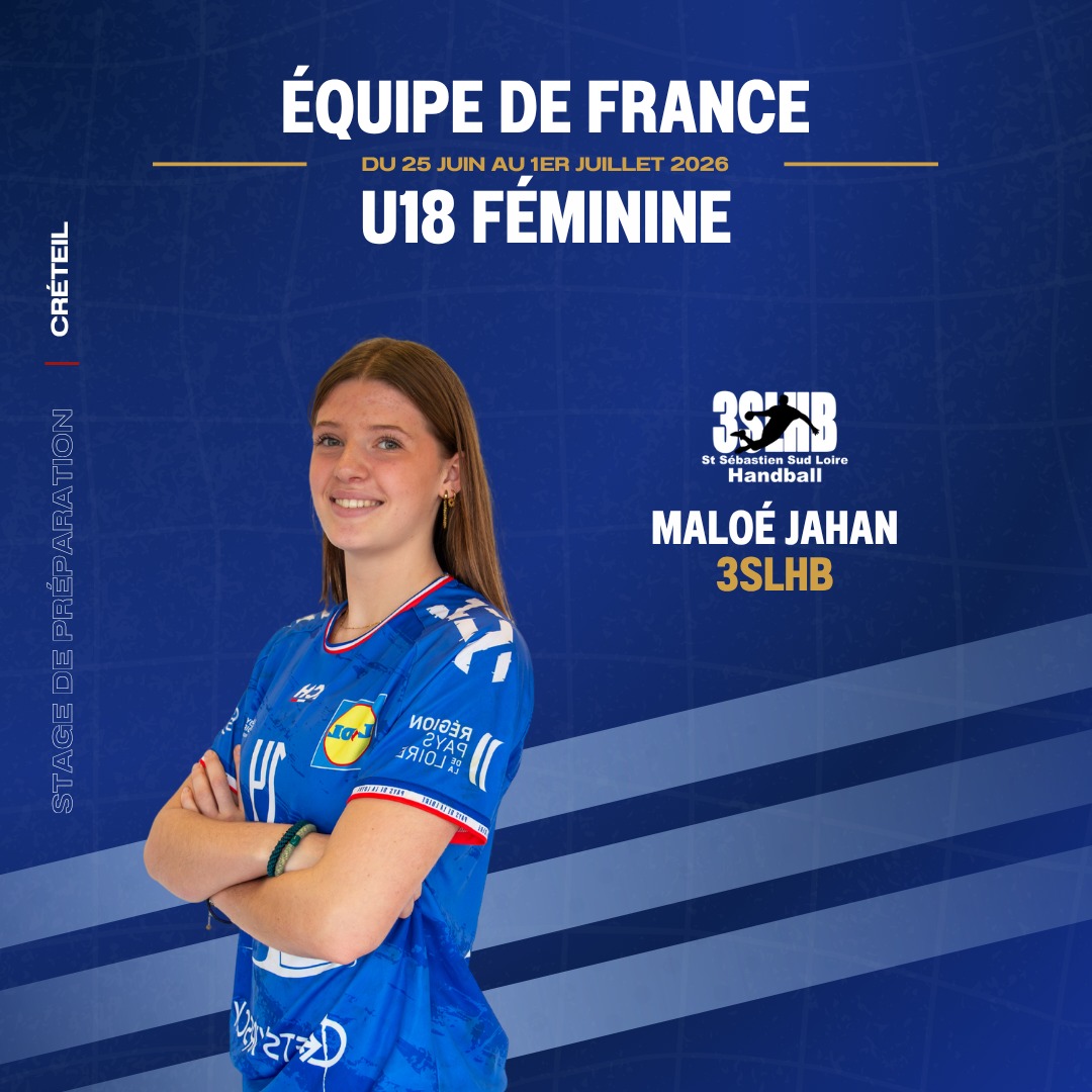✨ [𝙀𝑸𝙐𝑰𝙋𝑬 𝑫𝙀 𝙁𝑹𝘼𝑵𝘾𝑬 𝑼18𝙁]

🤾‍♀️ Maloé JAHAN, joueuse du Pôle Espoir et joueuse à @3slhb44230 est convoquée en Équipe de France U18 pour la préparation estivale.

📅 Elle participera à un premier stage à Créteil du 25 juin au 1er juillet avec 22 joueuses.

📋 Un groupe de 18 sera ensuite retenu pour poursuivre l’aventure.

🤝 Deux rencontres face à la Croatie auront lieu du 2 au 5 juillet à Delnice.

🌍 La préparation se poursuivra à Créteil avec un tournoi en Espagne du 12 au 21 juillet.

🏆 Le Mondial U18 aura lieu du 29 juillet au 10 août en Roumanie.

🎉 Bravo à Maloé pour cette belle reconnaissance ! 

@comite44handball @ffhandball 

#PaysDeLaLoire #PDLL #EDF #U18