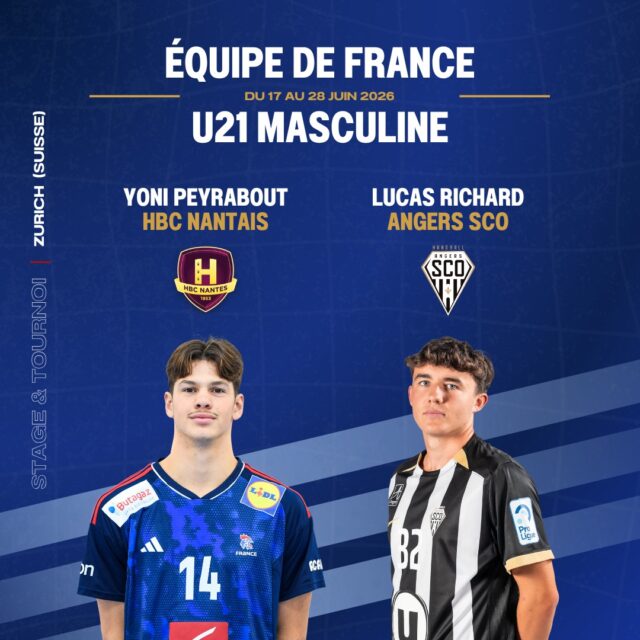 ✨ [𝙀𝑸𝙐𝙄𝙋𝙀 𝘿𝙀 𝙁𝙍𝘼𝙉𝘾𝙀 𝙐21𝙈]
 
🇫🇷 Les Pays de la Loire seront représentés à l'EHF EURO U21 2026 !
 
👏 Yoni Peyrabout (HBC Nantais) et Lucas Richard (Angers SCO Handball) qui figurent parmi les 18 Bleuets retenus pour disputer le Championnat d'Europe en Roumanie.
🤝 Alexis Huaulme sera également de l'aventure en tant que chef de délégation.
 
📅 Le programme des Bleuets :
➡️ 2-3 juillet : rassemblement à la Maison du Handball puis départ pour la Roumanie
➡️ 4 juillet : match de préparation face à la Roumanie
➡️ 8 au 19 juillet : EHF EURO U21
 
🇫🇷 Phase de groupes :
🗓️ 8 juillet : France 🆚 Allemagne (16h00)
🗓️ 9 juillet : France 🆚 Grèce (11h00)
🗓️ 11 juillet : Portugal 🆚 France (16h00)
 
💙 Toute la Ligue des Pays de la Loire de Handball souhaite une très belle compétition à Yoni et Alexis !
 
Allez les Bleuets ! 🇫🇷💪

@ffhandball  @comite44handball  @comite_53_handball @comite49handball  @hbc_nantes_asso  @unionsudmayennehb @angersscohandball 
 
#PaysDeLaLoire #PDLL #Bleuets #EquipeDeFrance #Handball