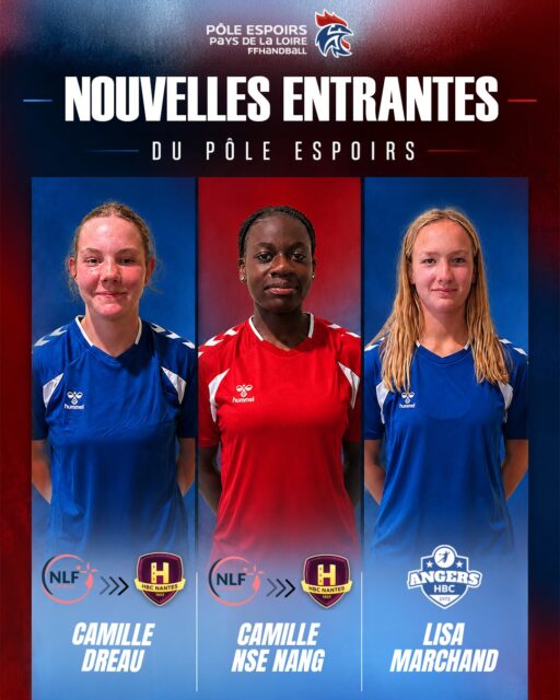🚀 [𝙋𝙊𝙇𝙀 𝙀𝙎𝙋𝙊𝙄𝙍𝙎 𝙁𝙀́𝙈𝙄𝙉𝙄𝙉]
 
✨ Le Pôle Espoirs Féminin des Pays de la Loire accueillera à la rentrée les nouvelles entrantes issues des clubs formateurs de notre territoire.
 
Cette intégration est le fruit d’un travail collectif : celui des joueuses, de leur engagement quotidien, de leur rigueur, mais aussi celui des clubs formateurs, des entraîneurs, des dirigeants et des bénévoles qui les accompagnent tout au long de leur parcours.
 
👏 Félicitations à :
🔹 Maryam BA : @aaeec.hand 
 
🔹 Valentine DELOR : HB Contest / Saint-Baudelle ➡️ @mayenne_handball ➡️ @caevron 
 
🔹 Camille DREAU : @alsem_handball ➡️ @nantesloirefemininhandball ➡️ @hbc_nantes_asso 
 
🔹 Lisa MARCHAND : obhandball ➡️ @angershbc 
 
🔹 Camille NSE NANG : @nantesloirefemininhandball ➡️ @hbc_nantes_asso 
 
🔹 Maëva POIRIER : @csl_handball ➡️ @alm_handball 
 
🔥 Ces parcours illustrent à la fois la richesse de la formation dans les clubs des Pays de la Loire et l’investissement  des jeunes joueuses, qui s’engagent chaque jour pour progresser et atteindre le haut niveau.
 
🙏 Merci aux clubs formateurs, aux familles et à l’ensemble des encadrants pour leur accompagnement et leur engagement auprès de ces jeunes talents.
 
Nous souhaitons à ces joueuses une pleine réussite dans cette nouvelle étape de leur parcours sportif et scolaire.
 
@comite44handball  @comite49handball @comite_53_handball  @handcomitesarthe  @vendeehb 
 
#PDLL #PaysDeLaLoire #HandballFéminin #FormationSportive #ParcoursDeFormation #PôleEspoirs