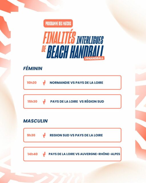 🏖️ [𝑰𝑵𝑻𝑬𝑹𝑳𝑰𝑮𝑼𝑬𝑺 𝑩𝑬𝑨𝑪𝑯 𝑯𝑨𝑵𝑫𝑩𝑨𝑳𝑳]

🗓️ Le coup d'envoi approche ! Retrouvez les poules et le programme des premiers matchs de nos sélections féminine et masculine pour les Interligues Beach Handball 2026.

📍 Rendez-vous à Châteauroux (36) du vendredi 3 au dimanche 5 juillet 2026

🎥 Les rencontres disputées sur le Terrain 1 seront retransmises en direct sur la chaîne YouTube de la @liguecentre_vdl_handball 

https://www.youtube.com/@liguecentre-valdeloirehand8982/featured

📣 Tous derrière les Pays de la Loire !

@comite44handball  @comite49handball  @comite_53_handball @handcomitesarthe  @vendeehb 

#PDLL #PaysDeLaLoire #BeachHandball #Interligues2026 #Handball #TeamPDLL