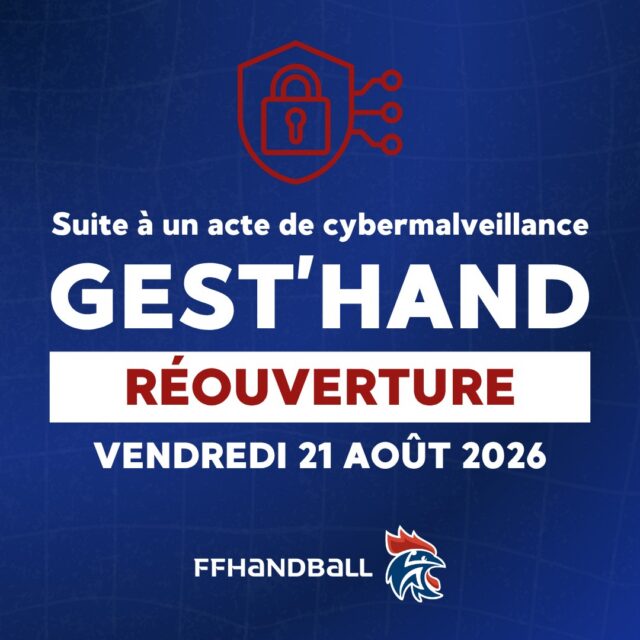 📢 𝗥𝗲́𝗼𝘂𝘃𝗲𝗿𝘁𝘂𝗿𝗲 𝗱𝗲 𝗚𝗲𝘀𝘁'𝗛𝗮𝗻𝗱
🔒 Après la suspension temporaire de la plateforme suite à un acte de cybermalveillance, des mesures de sécurité renforcées ont été mises en place.
📅 𝗚𝗲𝘀𝘁'𝗛𝗮𝗻𝗱 𝗿𝗼𝘂𝘃𝗿𝗶𝗿𝗮 𝗹𝗲 𝘃𝗲𝗻𝗱𝗿𝗲𝗱𝗶 𝟮𝟭 𝗮𝗼𝘂̂𝘁 𝟮𝟬𝟮𝟲.
📲 Dès votre première connexion, la double authentification sera requise pour l'ensemble des utilisateurs.
📖 Un tutoriel détaillé sera communiqué dans la semaine pour vous accompagner dans son activation.
⚠️ Nous vous invitons à rester vigilants face à toute communication inhabituelle et à suivre les recommandations qui vous seront transmises lors de votre prochaine connexion !
❓ Pour toute question, un support Gest'Hand est mis en place par la FFHandball. Merci d'utiliser l'objet de ticket : « incident août 2026 »
@comite44handball @comite49handball @comite_53_handball @handcomitesarthe @vendeehb @ffhandball
#HandPaysdelaLoire #GestHand #Cybersécurité