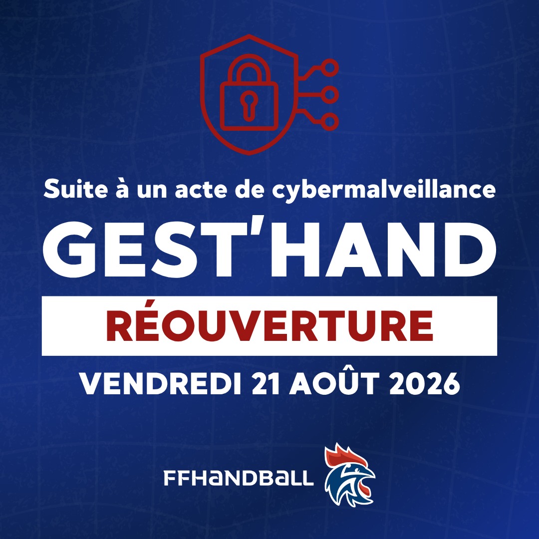 📢 𝗥𝗲́𝗼𝘂𝘃𝗲𝗿𝘁𝘂𝗿𝗲 𝗱𝗲 𝗚𝗲𝘀𝘁'𝗛𝗮𝗻𝗱
🔒 Après la suspension temporaire de la plateforme suite à un acte de cybermalveillance, des mesures de sécurité renforcées ont été mises en place.
📅 𝗚𝗲𝘀𝘁'𝗛𝗮𝗻𝗱 𝗿𝗼𝘂𝘃𝗿𝗶𝗿𝗮 𝗹𝗲 𝘃𝗲𝗻𝗱𝗿𝗲𝗱𝗶 𝟮𝟭 𝗮𝗼𝘂̂𝘁 𝟮𝟬𝟮𝟲.
📲 Dès votre première connexion, la double authentification sera requise pour l'ensemble des utilisateurs.
📖 Un tutoriel détaillé sera communiqué dans la semaine pour vous accompagner dans son activation.
⚠️ Nous vous invitons à rester vigilants face à toute communication inhabituelle et à suivre les recommandations qui vous seront transmises lors de votre prochaine connexion !
❓ Pour toute question, un support Gest'Hand est mis en place par la FFHandball. Merci d'utiliser l'objet de ticket : « incident août 2026 »
@comite44handball @comite49handball @comite_53_handball @handcomitesarthe @vendeehb @ffhandball
#HandPaysdelaLoire #GestHand #Cybersécurité
