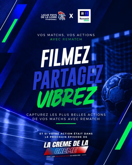 🎥 𝗩𝗼𝘀 𝗠𝗮𝘁𝗰𝗵𝘀, 𝘃𝗼𝘀 𝗔𝗰𝘁𝗶𝗼𝗻𝘀... 𝗮𝘃𝗲𝗰 𝗥𝗲𝗺𝗮𝘁𝗰𝗵 !

Cette saison encore, capturez et partagez les plus beaux moments du handball amateur avec @rematch_sport 

📹 Filmez les matchs de votre club
🔥 Partagez les actions qui vous font vibrer
🏆 Et retrouvez peut-être votre action dans un prochain épisode de 𝗟𝗮 𝗖𝗿𝗲̀𝗺𝗲 𝗱𝗲 𝗹𝗮 𝗖𝗿𝗲̀𝗺𝗲 !

Joueurs, bénévoles, supporters, parents… 𝗮̀ 𝘃𝗼𝘂𝘀 𝗱𝗲 𝗷𝗼𝘂𝗲𝗿 𝗲𝘁 𝗱𝗲 𝗳𝗮𝗶𝗿𝗲 𝗯𝗿𝗶𝗹𝗹𝗲𝗿 𝘃𝗼𝘁𝗿𝗲 𝗰𝗹𝘂𝗯 ! 💙

@comite44handball @comite49handball @comite_53_handball @comitesarthehandball  @comite_handball_85  @rematch.handball 

#HandPaysDeLaLoire #RematchHandball #LaCremeDeLaCreme