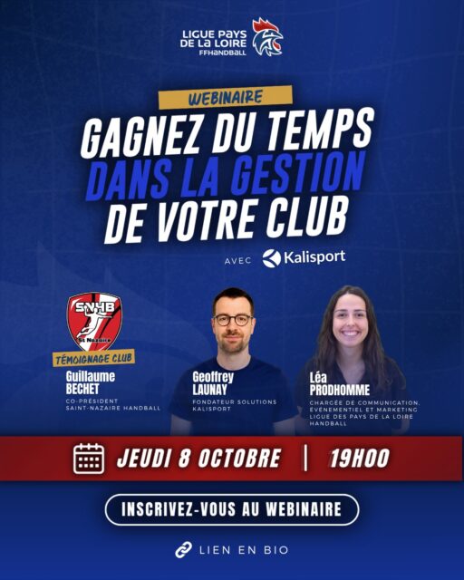 💻 𝗪𝗲𝗯𝗶𝗻𝗮𝗶𝗿𝗲 | 𝗦𝗶𝗺𝗽𝗹𝗶𝗳𝗶𝗲𝘇 𝗹𝗲 𝗾𝘂𝗼𝘁𝗶𝗱𝗶𝗲𝗻 𝗱𝗲 𝘃𝗼𝘁𝗿𝗲 𝗰𝗹𝘂𝗯 𝗮𝘃𝗲𝗰 𝗞𝗮𝗹𝗶𝘀𝗽𝗼𝗿𝘁 !

🤝 Dans le cadre de son partenariat avec @kalisport, la Ligue de Handball des Pays de la Loire vous donne rendez-vous 𝗽𝗼𝘂𝗿 𝘂𝗻 𝗽𝗿𝗲𝗺𝗶𝗲𝗿 𝘄𝗲𝗯𝗶𝗻𝗮𝗶𝗿𝗲 𝗮̀ 𝗱𝗲𝘀𝘁𝗶𝗻𝗮𝘁𝗶𝗼𝗻 𝗱𝗲𝘀 𝗰𝗹𝘂𝗯𝘀 𝗱𝘂 𝘁𝗲𝗿𝗿𝗶𝘁𝗼𝗶𝗿𝗲.

📅 𝗝𝗲𝘂𝗱𝗶 𝟴 𝗼𝗰𝘁𝗼𝗯𝗿𝗲 𝗮̀ 𝟭𝟵𝗵𝟬𝟬, découvrez comment Kalisport peut vous accompagner dans la gestion quotidienne de votre club.

🔎 Que vous soyez déjà utilisateur de la solution ou que vous souhaitiez la découvrir, ce temps d'échange vous permettra d'en savoir plus sur ses usages, ses évolutions et les avantages proposés aux clubs de la Ligue.

📋 Au programme :
➡️ Présentation de Kalisport et de ses principaux usages
➡️ Les avantages proposés aux clubs de la Ligue dans le cadre du partenariat
➡️ Témoignage du Saint-Nazaire Handball
➡️ Temps de questions/réponses et d'échanges avec les clubs

💻 𝗥𝗲𝗻𝗱𝗲𝘇-𝘃𝗼𝘂𝘀 𝗲𝗻 𝘃𝗶𝘀𝗶𝗼𝗰𝗼𝗻𝗳𝗲́𝗿𝗲𝗻𝗰𝗲 𝗹𝗲 𝗷𝗲𝘂𝗱𝗶 𝟴 𝗼𝗰𝘁𝗼𝗯𝗿𝗲 𝗮̀ 𝟭𝟵𝗵𝟬𝟬.

🔗 𝗜𝗻𝘀𝗰𝗿𝗶𝗽𝘁𝗶𝗼𝗻 𝗮𝘂 𝘄𝗲𝗯𝗶𝗻𝗮𝗶𝗿𝗲 𝘃𝗶𝗮 𝗹𝗲 𝗹𝗶𝗲𝗻 𝗱𝗶𝘀𝗽𝗼𝗻𝗶𝗯𝗹𝗲 𝗱𝗮𝗻𝘀 𝗻𝗼𝘁𝗿𝗲 𝗯𝗶𝗼.

👋 Nous vous attendons nombreux pour ce premier rendez-vous !

@comite44handball @comite49handball @comite_53_handball @comitesarthehandball @vendeehb 

#handpaysdelaloire #webinaire #clubhandball