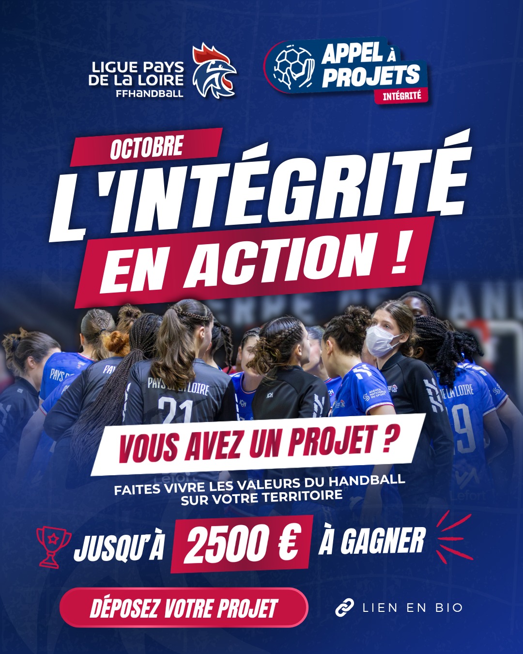 📣 𝗔𝗽𝗽𝗲𝗹 𝗮̀ 𝗽𝗿𝗼𝗷𝗲𝘁𝘀 | 𝗟’𝗶𝗻𝘁𝗲́𝗴𝗿𝗶𝘁𝗲́ 𝗲𝗻 𝗮𝗰𝘁𝗶𝗼𝗻 !

🤝 𝗣𝗼𝘂𝗿 𝗰𝗲𝘁𝘁𝗲 𝘀𝗮𝗶𝘀𝗼𝗻 𝟮𝟬𝟮𝟲-𝟮𝟬𝟮𝟳, la @ffhandball lance ses Appels à projets autour des pratiques et engagements sociaux. Chaque mois, une nouvelle thématique est mise à l’honneur !

🔴 En octobre, place à l’𝗜𝗡𝗧𝗘́𝗚𝗥𝗜𝗧𝗘́ ! Vous avez une initiative ou un projet qui fait vivre les valeurs de respect, d’éthique et de fair-play au sein de votre club ? C’est le moment de le mettre en avant.

💡 𝗟’𝗼𝗯𝗷𝗲𝗰𝘁𝗶𝗳 : 𝗱𝗲́𝘃𝗲𝗹𝗼𝗽𝗽𝗲𝗿 𝗲𝘁 𝗽𝗲́𝗿𝗲𝗻𝗻𝗶𝘀𝗲𝗿 𝗹𝗲𝘀 𝗮𝗰𝘁𝗶𝗼𝗻𝘀 𝗹𝗼𝗰𝗮𝗹𝗲𝘀, 𝘃𝗮𝗹𝗼𝗿𝗶𝘀𝗲𝗿 𝗹𝗲𝘀 𝗶𝗻𝗶𝘁𝗶𝗮𝘁𝗶𝘃𝗲𝘀 𝗱𝗲𝘀 𝗰𝗹𝘂𝗯𝘀 𝗲𝘁 𝗳𝗮𝗶𝗿𝗲 𝗿𝗮𝘆𝗼𝗻𝗻𝗲𝗿 𝗹𝗲𝘀 𝗲𝗻𝗴𝗮𝗴𝗲𝗺𝗲𝗻𝘁𝘀 𝗱𝘂 𝗵𝗮𝗻𝗱𝗯𝗮𝗹𝗹 𝘀𝘂𝗿 𝗹’𝗲𝗻𝘀𝗲𝗺𝗯𝗹𝗲 𝗱𝘂 𝘁𝗲𝗿𝗿𝗶𝘁𝗼𝗶𝗿𝗲.

🏆 Après réalisation de votre action et dépôt de votre bilan, votre projet pourra être récompensé :
➡️ 𝟯𝟬𝟬 € pour les lauréats territoriaux
➡️ Jusqu’à 𝟮 𝟱𝟬𝟬 € pour les lauréats nationaux
➡️ Une invitation à la Maison du Handball pour les lauréats nationaux lors de la soirée Trophée des Clubs

📅 𝗩𝗼𝘂𝘀 𝗮𝘃𝗲𝘇 𝘁𝗼𝘂𝘁 𝗹𝗲 𝗺𝗼𝗶𝘀 𝗱’𝗼𝗰𝘁𝗼𝗯𝗿𝗲 𝗽𝗼𝘂𝗿 𝗱𝗲́𝗽𝗼𝘀𝗲𝗿 𝘃𝗼𝘁𝗿𝗲 𝗽𝗿𝗼𝗷𝗲𝘁 𝗱𝗮𝗻𝘀 𝗹𝗮 𝘁𝗵𝗲́𝗺𝗮𝘁𝗶𝗾𝘂𝗲 𝗜𝗻𝘁𝗲́𝗴𝗿𝗶𝘁𝗲́.

🔗 Retrouvez toutes les informations et déposez votre projet via le lien disponible dans notre bio.

🙌 À vos idées, faites vivre l’intégrité sur et en dehors des terrains !

@comite44handball @comite49handball @comite_53_handball @comitesarthehandball @vendeehb @ffhandball 

#HandPaysdelaLoire #FFHandball #AppelÀProjets #Intégrité #Handball