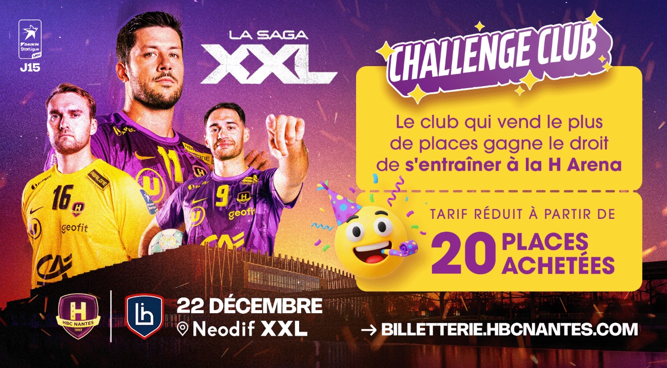 🏆 𝗟𝗲 𝗖𝗵𝗮𝗹𝗹𝗲𝗻𝗴𝗲 𝗖𝗹𝘂𝗯 𝗲𝘀𝘁 𝗱𝗲 𝗿𝗲𝘁𝗼𝘂𝗿 !

🤾 Le @hbcnantes relance son Challenge Club avec un objectif simple : mobiliser les licenciés, les familles et les supporters de votre club autour d’un grand rendez-vous handball !

💜💛 Le principe ? Le club qui viendra avec le plus de supporters lors de la rencontre 𝗛𝗕𝗖 𝗡𝗮𝗻𝘁𝗲𝘀 - 𝗟𝗶𝗺𝗼𝗴𝗲𝘀 remportera le Challenge Club et gagnera un moment privilégié au cœur de la H Arena.

À la clé, une récompense qui fera rêver petits et grands : la possibilité d’effectuer un entraînement sur le terrain des professionnels du HBC Nantes 📸

📅 𝗠𝗮𝗿𝗱𝗶 𝟮𝟮 𝗱𝗲́𝗰𝗲𝗺𝗯𝗿𝗲 𝟮𝟬𝟮𝟲
 📍 𝗡𝗘𝗢𝗗𝗜𝗙 𝗫𝗫𝗟
 🤾 𝗛𝗕𝗖 𝗡𝗮𝗻𝘁𝗲𝘀 - 𝗟𝗶𝗺𝗼𝗴𝗲𝘀

📬Pour accompagner les clubs dans leur mobilisation, un kit de communication et d’organisation est mis à disposition avec les outils nécessaires pour gérer les réservations et informer les licenciés : 🔗 Toutes les informations sont disponibles dans notre lien en bio

Alors, quel club relèvera le défi cette saison ? 🔥

@comite44handball @comite49handball @comite_53_handball @comitesarthehandball @vendeehb 

#HandPaysdelaLoire #ChallengeClub #HBCNantes