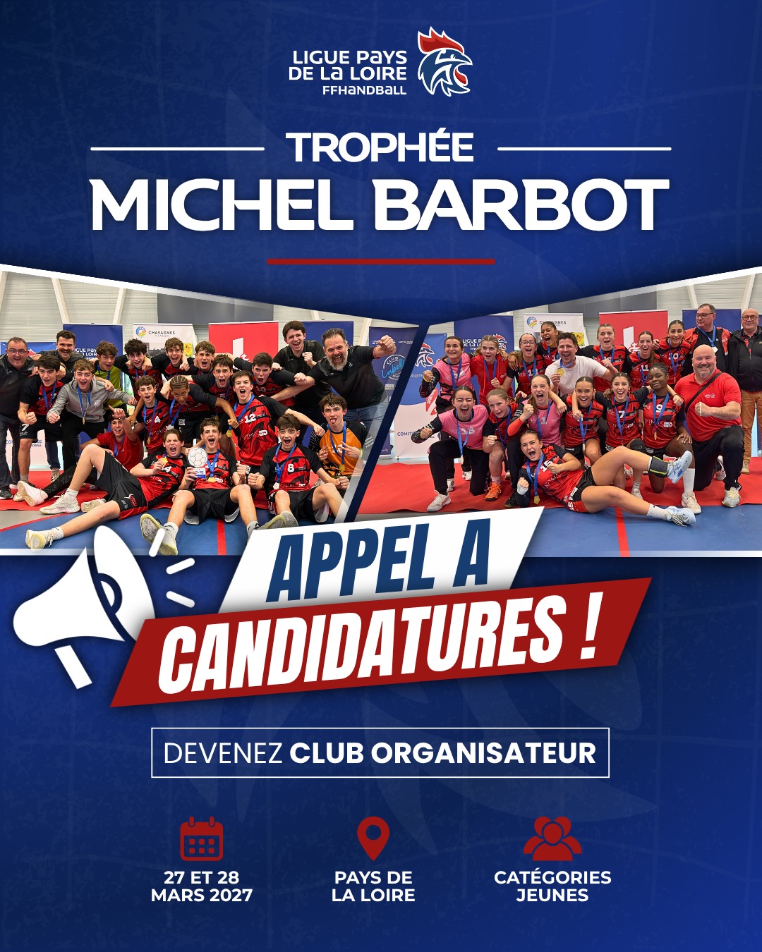 🏆 𝗧𝗿𝗼𝗽𝗵𝗲́𝗲 𝗠𝗶𝗰𝗵𝗲𝗹 𝗕𝗮𝗿𝗯𝗼𝘁 𝟮𝟬𝟮𝟳 – 𝗔𝗽𝗽𝗲𝗹 𝗮̀ 𝗰𝗮𝗻𝗱𝗶𝗱𝗮𝘁𝘂𝗿𝗲𝘀 !

📢 La Ligue de Handball des Pays de la Loire recherche un club organisateur pour accueillir le Trophée Michel Barbot, les 27 et 28 mars 2027 !

🤾 Cette compétition féminine et masculine constitue un temps fort de la saison, réunissant passion, compétition et convivialité autour du handball sur notre territoire.

🔴🔵 Et si votre club accueillait cette nouvelle édition ?

📋 Comment candidater ?
1. Consultez le cahier des charges mis à disposition par la Fédération.
2. Vérifiez que votre club remplit les conditions demandées.
3. Transmettez votre candidature à l'adresse suivante : communication@handball-paysdelaloire.fr

📅 Date limite de candidature : 11 novembre 2026 !

🔗 Retrouvez le cahier des charges et toutes les informations via le lien en bio !

🙌 Nous comptons sur la mobilisation des clubs pour faire de cette nouvelle édition une belle réussite !

@comite44handball @comite49handball @comite_53_handball  @comitesarthehandball @vendeehb 

#handpaysdelaloire #TrophéeMichelBarbot #AppelÀCandidatures